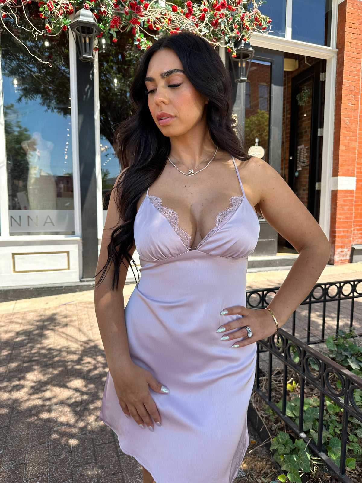 Lorraine Lavender Lace Trim Mini Dress