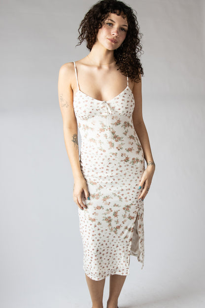 Mixed Floral Print Mesh Midi Dress