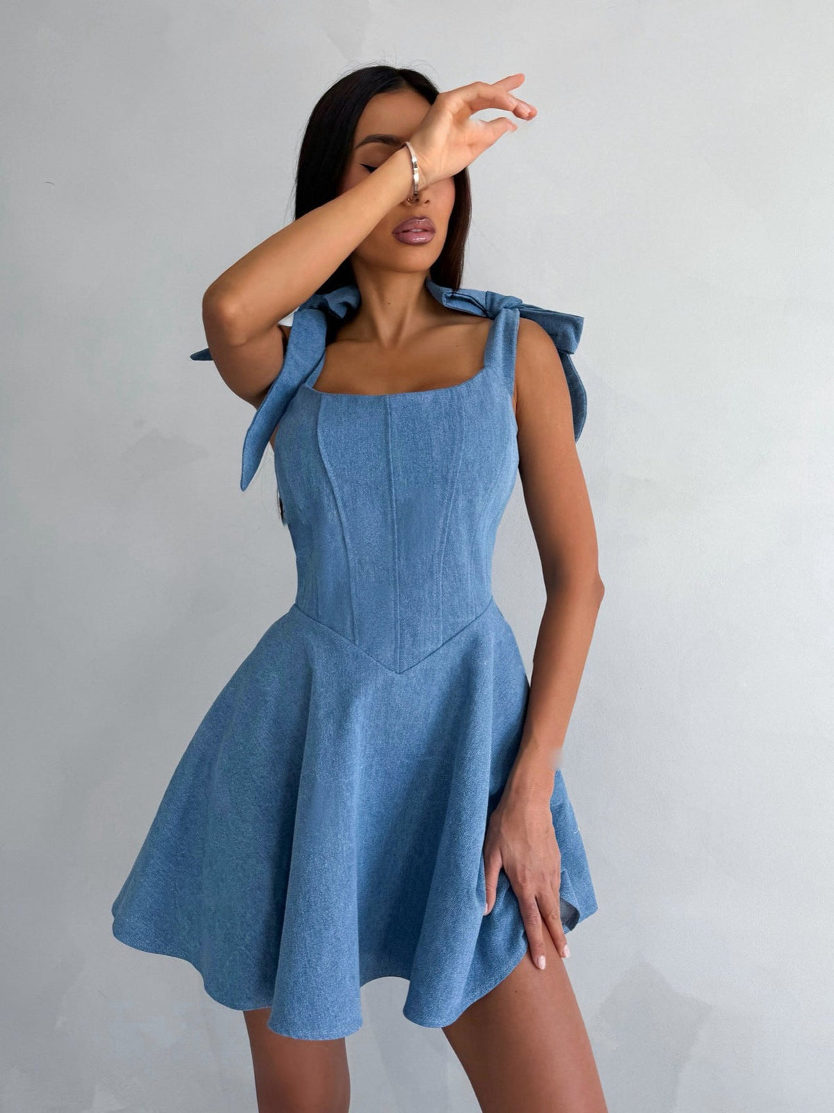 Bella Bow-Tie Denim Mini Dress