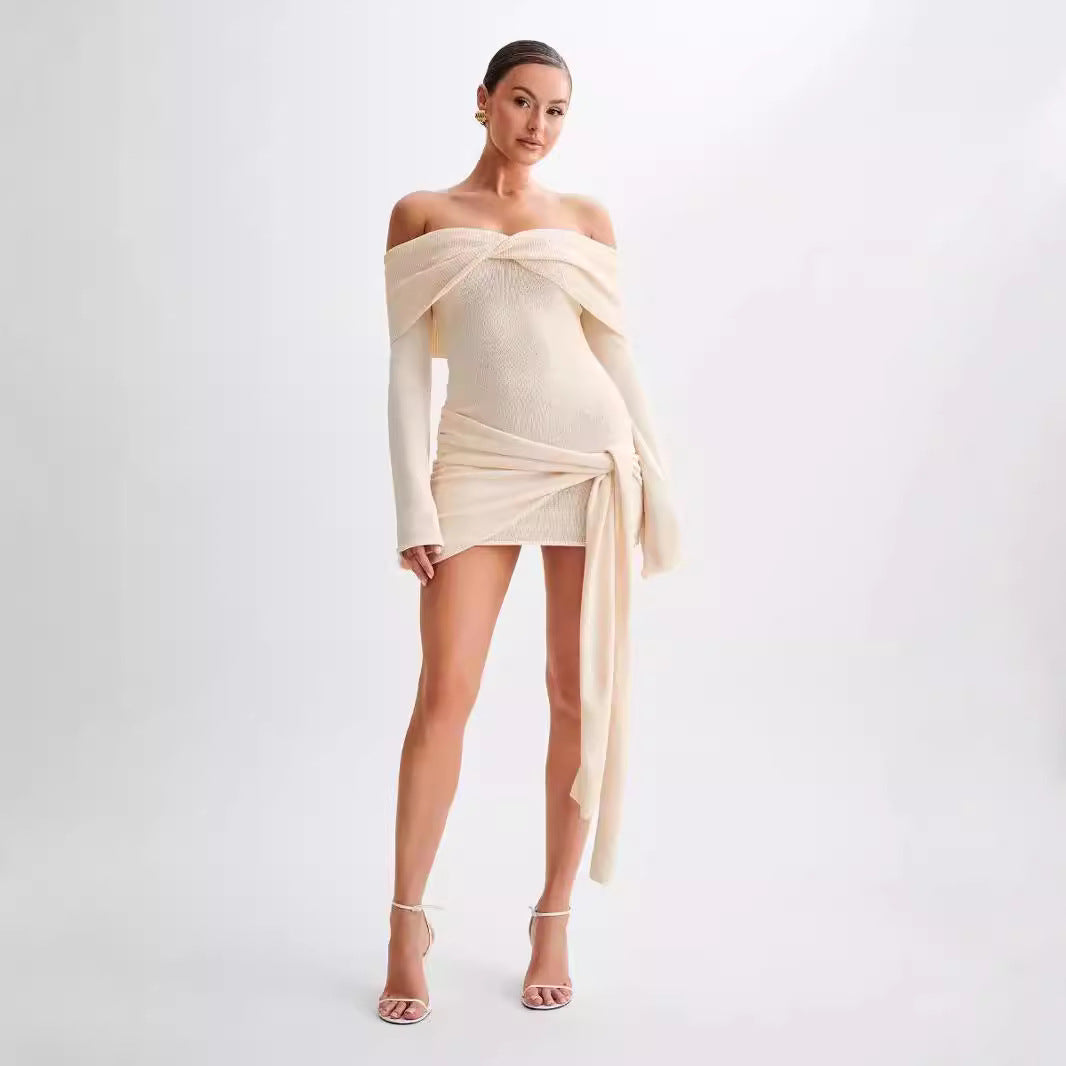 Sidony - Waist Knot Off-Shoulder Knitted Mini Dress