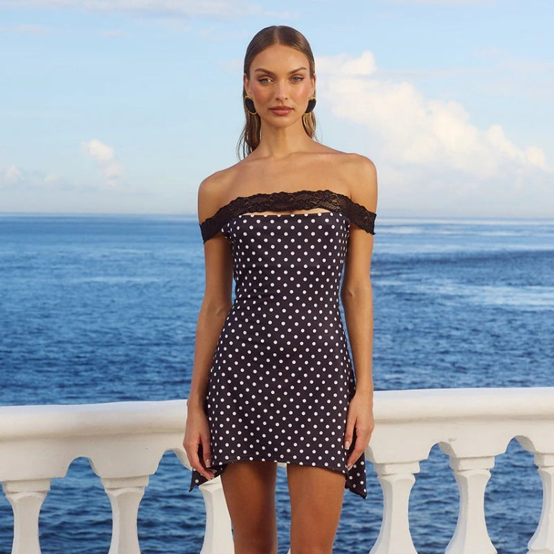 Lace Polka Dot Print Bandeau Mini Dress