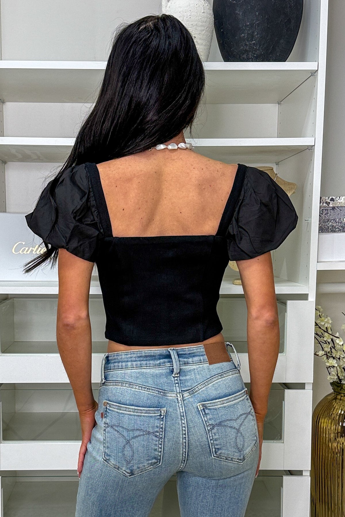 Paint The Town Zipper Knit Puff Sleeve Top (Black)