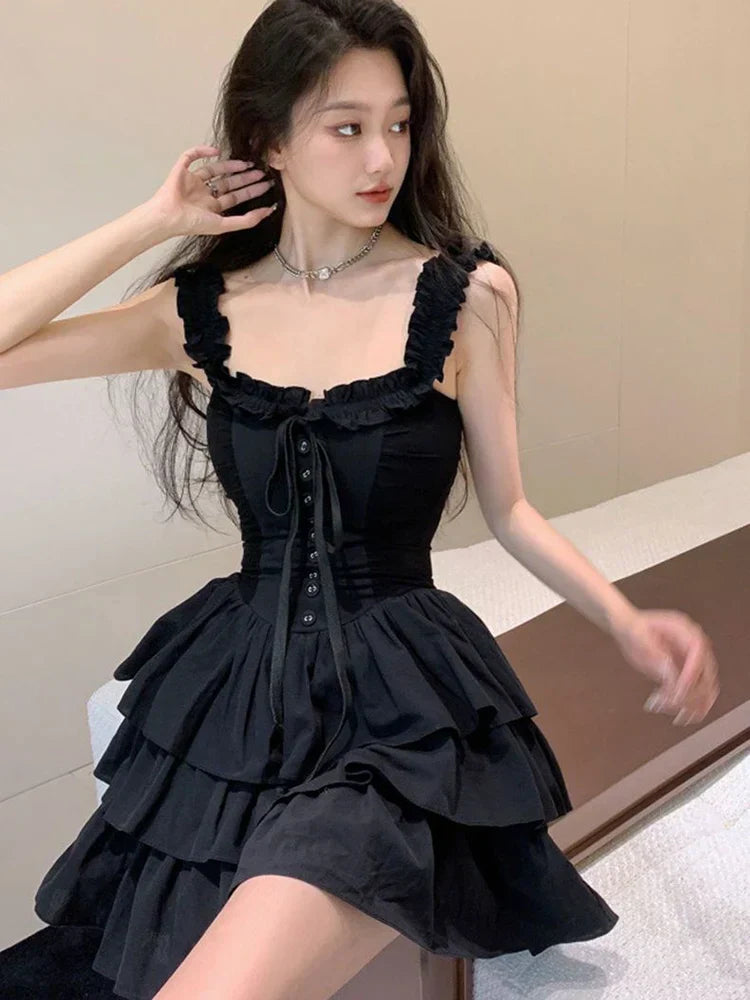 Voguable  Slip Lolita Style Black Dress Vintage Sleeveless Y2K Mini Dress Slim Sweet Korean Lace Up Cake Dress New