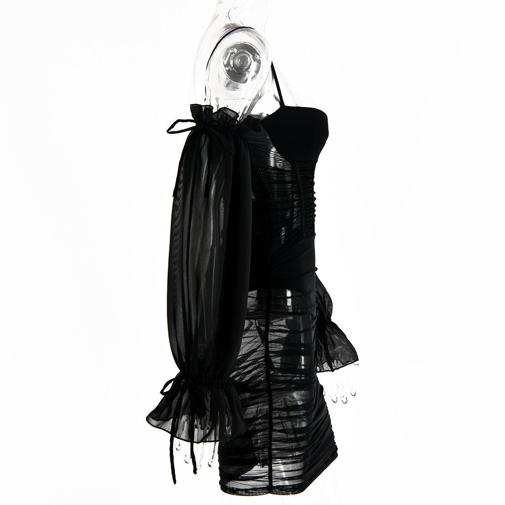 Voguable  Spaghetti Strap Long Lantern Sleeves Ruched Mini Dresses Woman Y2k Mesh Vintage Dress Club Party Vestidos