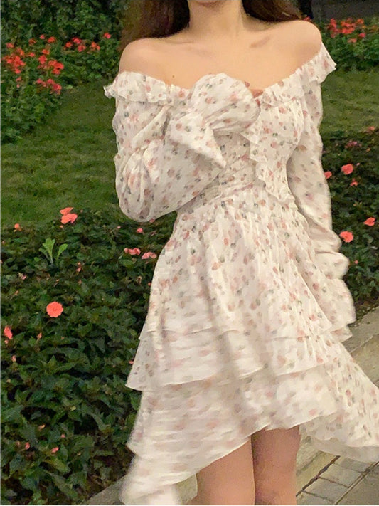 Voguable Floral Short Party Dress Beach V-Neck Y2k Mini Dress Vintage FeFairy Elegant One Piece Dress Korean Chic