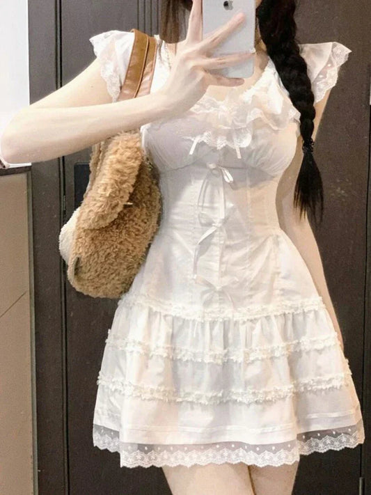 Voguable Y2k Coquette White Lolita Sweet White Kwaii Cute Mini Dress Lace Bow Princess Slip Lace Short Dresses Fashion