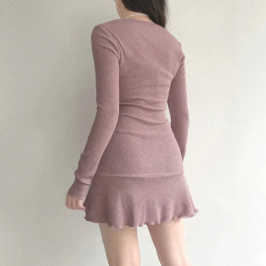 Cute Coquette Pink A-line Mini Dress Fairycore Sweet Full Sleeve Square Collar Short Dresses for y2k
