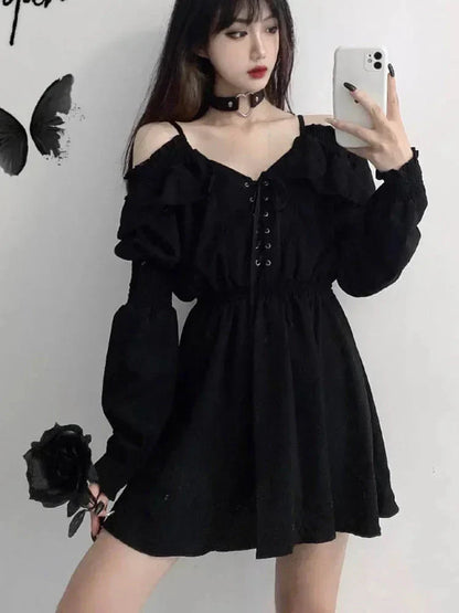 Harajuku Gothic Dress Y2K Off Shoulder Black Bandage Mini Dress Elegant Party Night Vestidos New