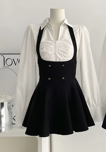 Voguable  Y2K 3 Piece Set Cropped Coat + Long Sleeve Shirt + High Waist Halter Ruffles Mini Dress Korean Chic Outfits