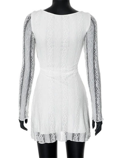 White Lace See-Through Mini Dress For Women Fashion High Waist Patchwork Slim Elegant Party Dress Gown Ladies Solid Dress