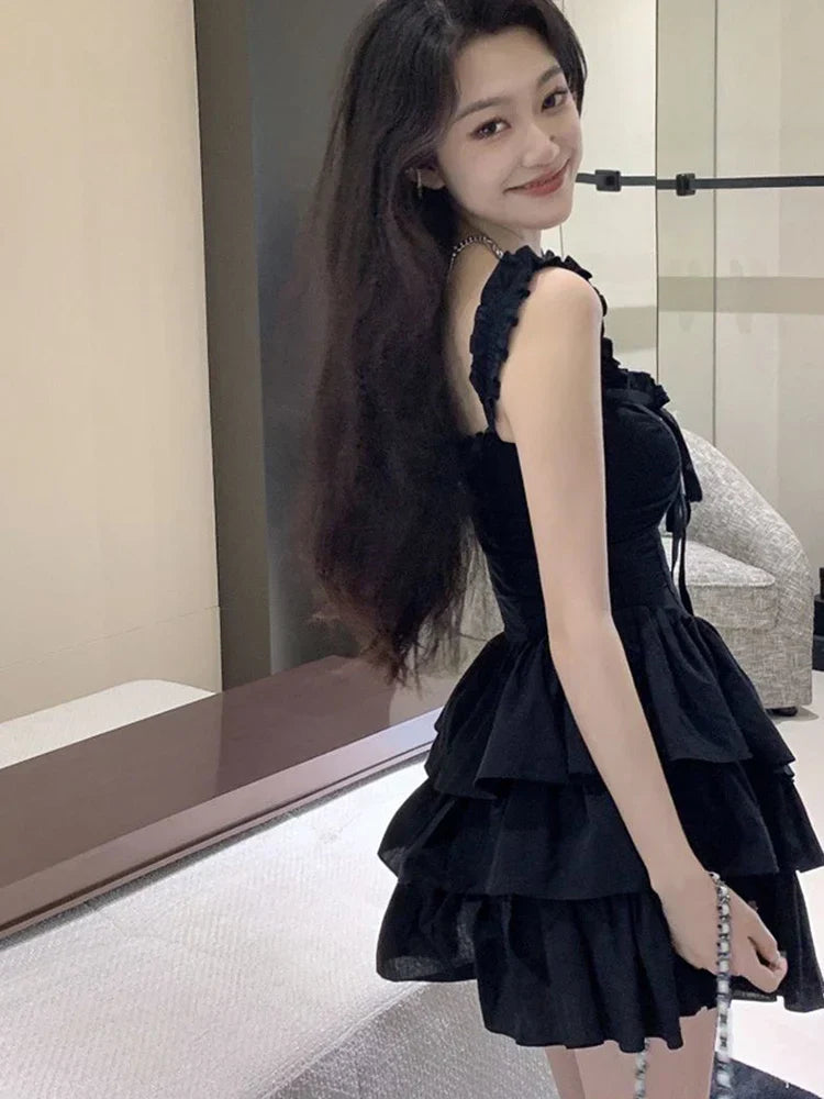Voguable  Slip Lolita Style Black Dress Vintage Sleeveless Y2K Mini Dress Slim Sweet Korean Lace Up Cake Dress New