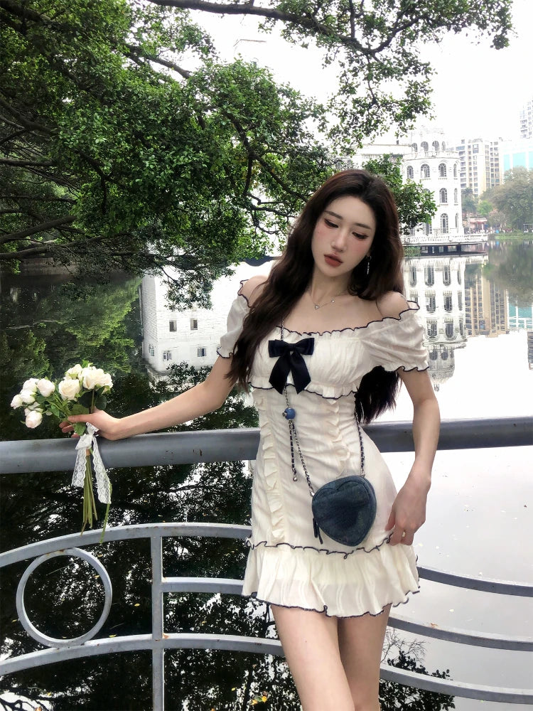 Voguable Woman Short Sleeve Y2k Mini Dress Party Slim Sweet Bow Dress Casual Outwear One Piece Dress Korean Chic