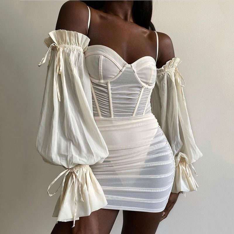 Voguable  Spaghetti Strap Long Lantern Sleeves Ruched Mini Dresses Woman Y2k Mesh Vintage Dress Club Party Vestidos