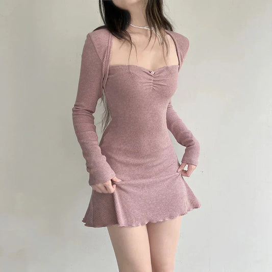 Cute Coquette Pink A-line Mini Dress Fairycore Sweet Full Sleeve Square Collar Short Dresses for y2k