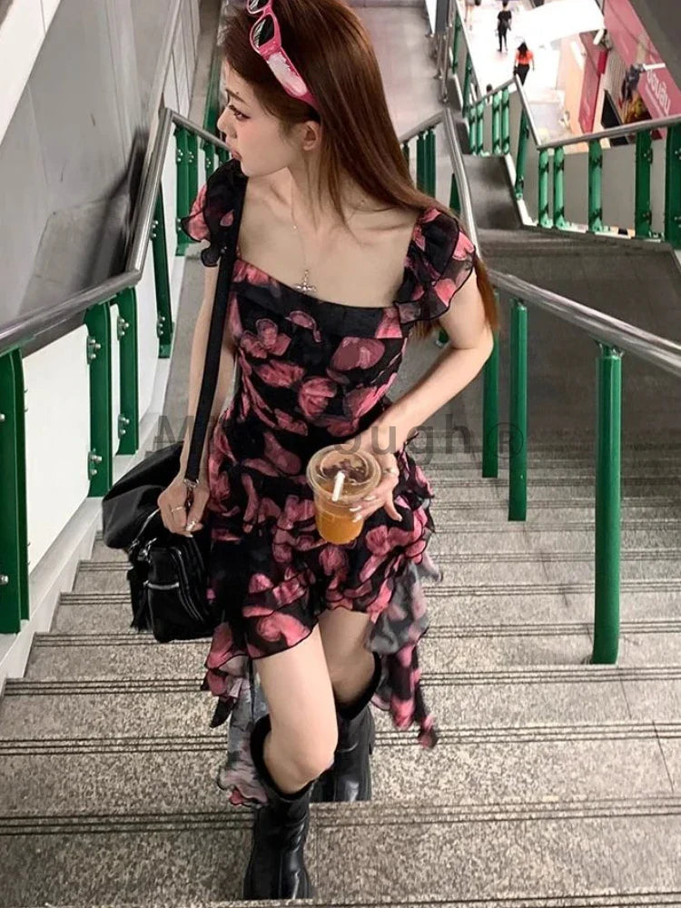 Voguable Y2k Vintage Mini Dress Irregular Korean Casual One Piece Dress FeTierred Elegant Chic Clothes New