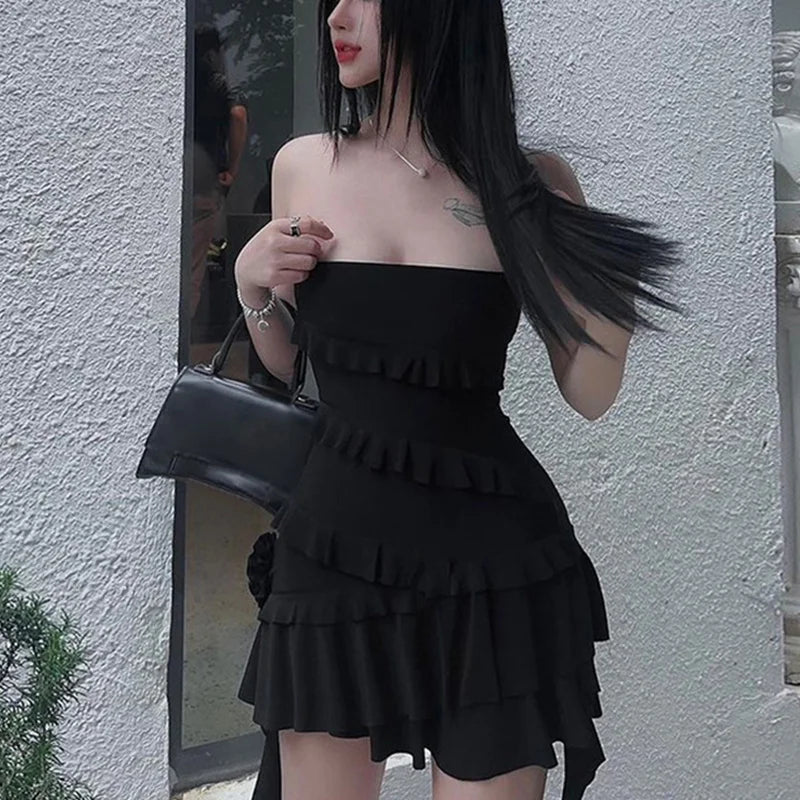 Tube Dress for y2k Clothes Off Shoulder Strapless Sleeveless Ruffle Hem Mini Dress Evening Party Dresses