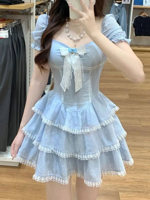 Voguable Sweet Kawaii Blue Plaid Dress Woman Lolita Lace Y2k Mini Dress Short Party Elegant One Piece Dress Korean Fashion