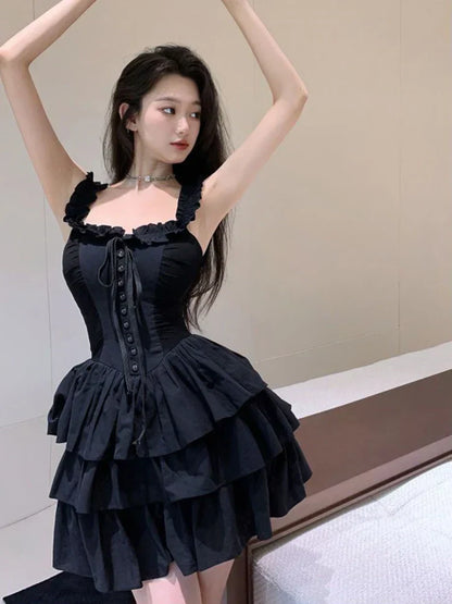 Voguable  Slip Lolita Style Black Dress Vintage Sleeveless Y2K Mini Dress Slim Sweet Korean Lace Up Cake Dress New