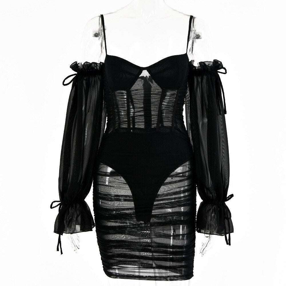 Voguable  Spaghetti Strap Long Lantern Sleeves Ruched Mini Dresses Woman Y2k Mesh Vintage Dress Club Party Vestidos
