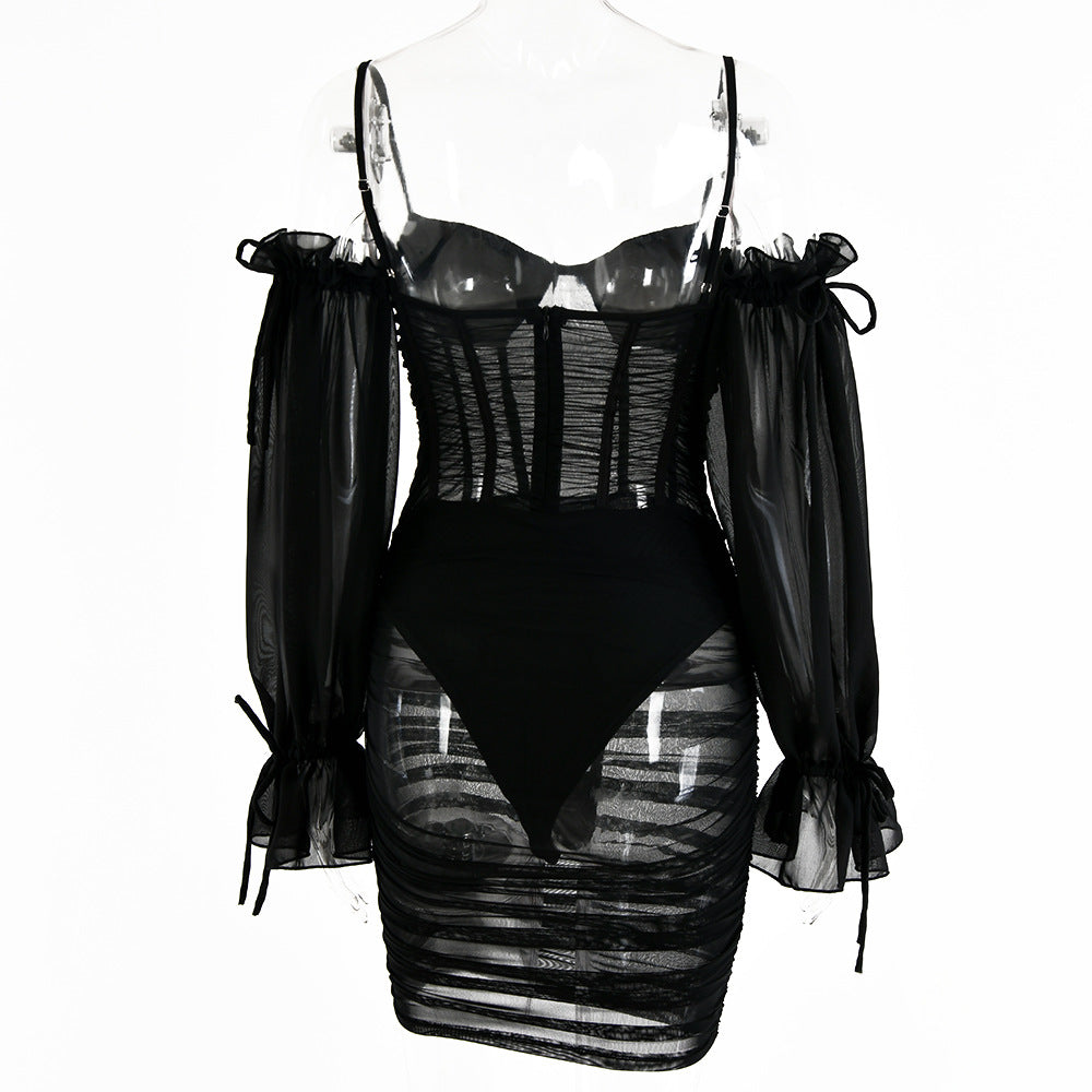 Voguable  Spaghetti Strap Long Lantern Sleeves Ruched Mini Dresses Woman Y2k Mesh Vintage Dress Club Party Vestidos
