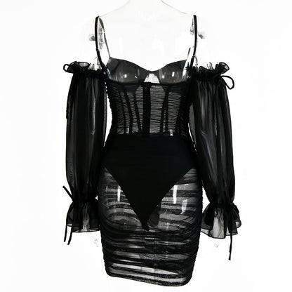 Voguable  Spaghetti Strap Long Lantern Sleeves Ruched Mini Dresses Woman Y2k Mesh Vintage Dress Club Party Vestidos