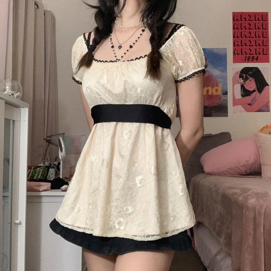 Sweet Girl Kawaii Lace Mini Dress Y2K Fairycore Grunge Patchwork Short Sleeve A-line Dress Vintage Holiday Streetwear