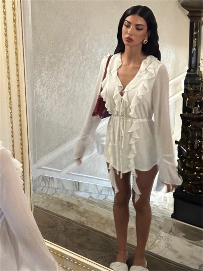 White Ruffled Sexy Mini Dress Women's Lace-Up See-Through Long Sleeve Fashion V-Neck Party Dress Female Bandage Mini Dress