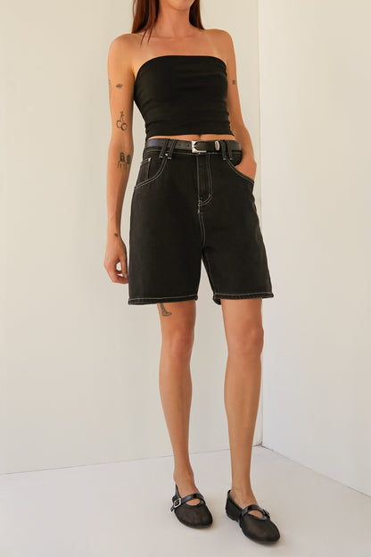 DENIM SHORTS WITH LEATHER BELT