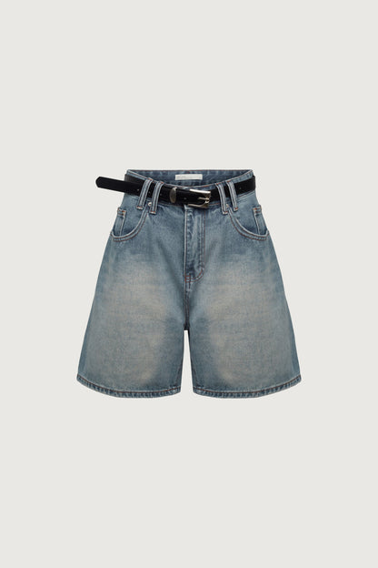 DENIM SHORTS WITH LEATHER BELT