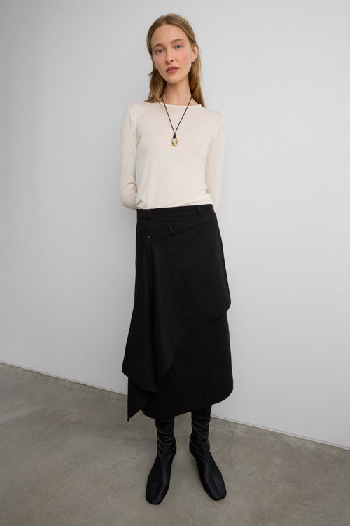 ASYMMETRICAL MIDI WRAP SKIRT