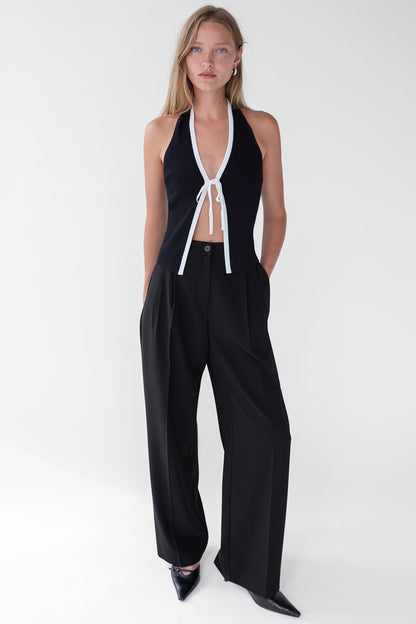 KNIT HALTER TOP WITH CONTRAST BOW