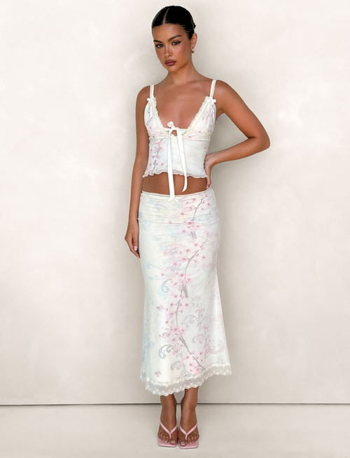 LONIE MIDI SKIRT - NEUTRAL : FLORAL : WASHED CHERRY BLOSSOM
