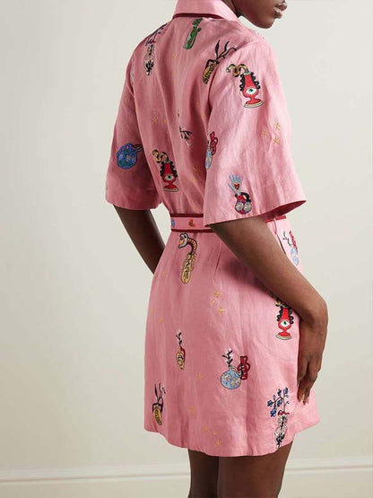 Casual Printed Shirt Collar Single-breasted Mini Dress