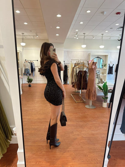 Ada Black Sequin Asymmetrical Mini Dress
