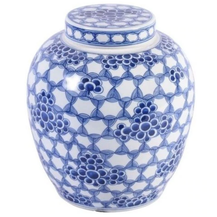 B&W Honeycomb Floral Lidded Ming Jar
