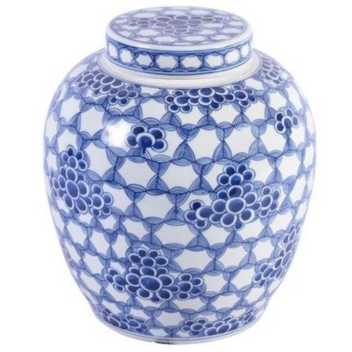 B&W Honeycomb Floral Lidded Ming Jar