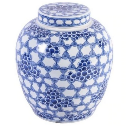 B&W Honeycomb Floral Lidded Ming Jar