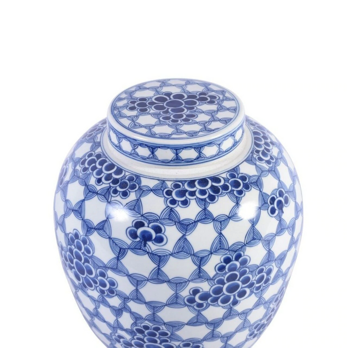 B&W Honeycomb Floral Lidded Ming Jar