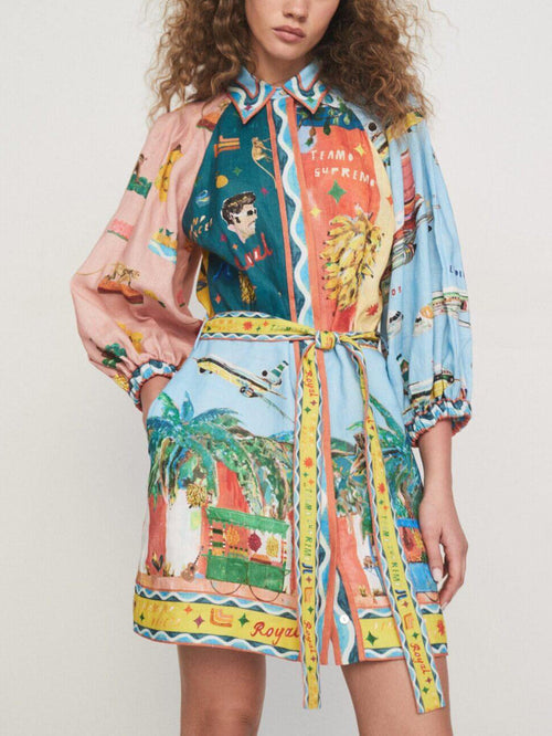 Unique Satin Art Floral Print Tie Pocket Shirt Mini Dress