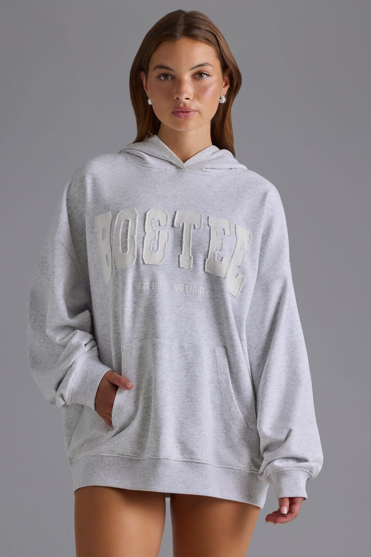Cotton Fleece Appliqué Oversized Hoodie in Grey Marl