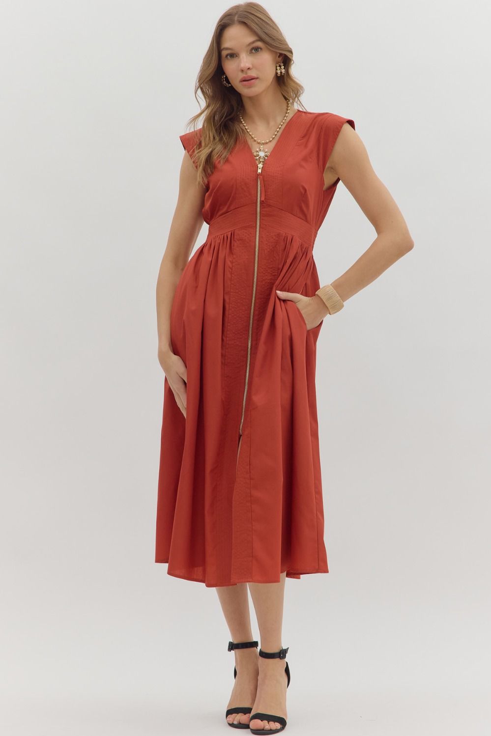 Selene Zip-Front Cap Sleeve Midi Dress