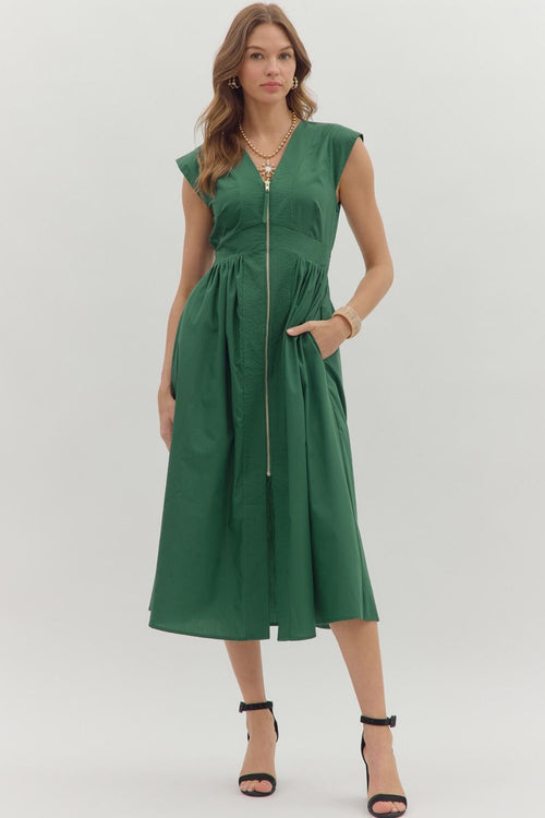 Selene Zip-Front Cap Sleeve Midi Dress