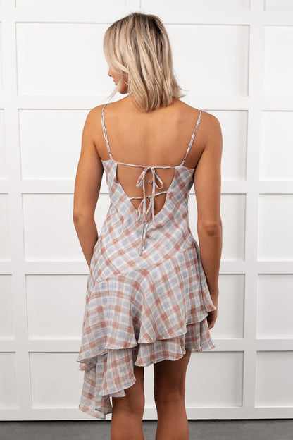 Queening Out Plaid Asymmetrical Mini Dress (Taupe/Grey)