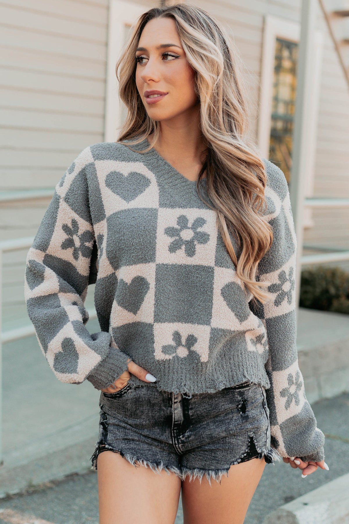 Dream Core Floral Checkered POL Sweater (Grey/Beige)