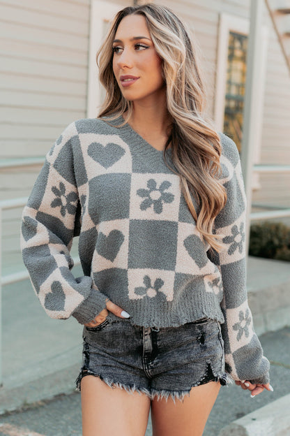 Dream Core Floral Checkered POL Sweater (Grey/Beige)