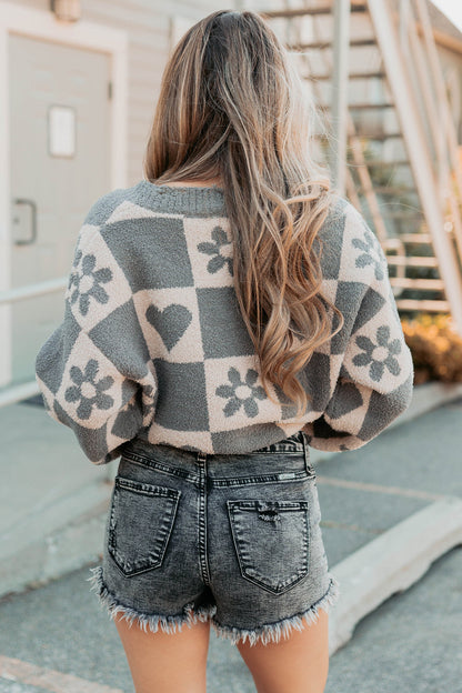 Dream Core Floral Checkered POL Sweater (Grey/Beige)