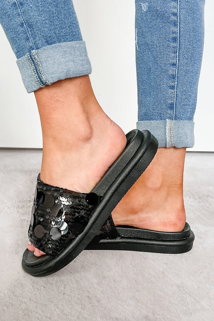 Boujee But Casual Sequin Slide Sandals (Black)