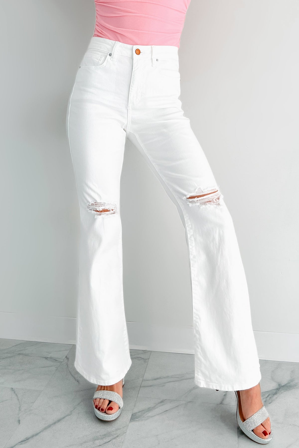 Maureen Special A High Rise Distressed Flare Jeans (White)