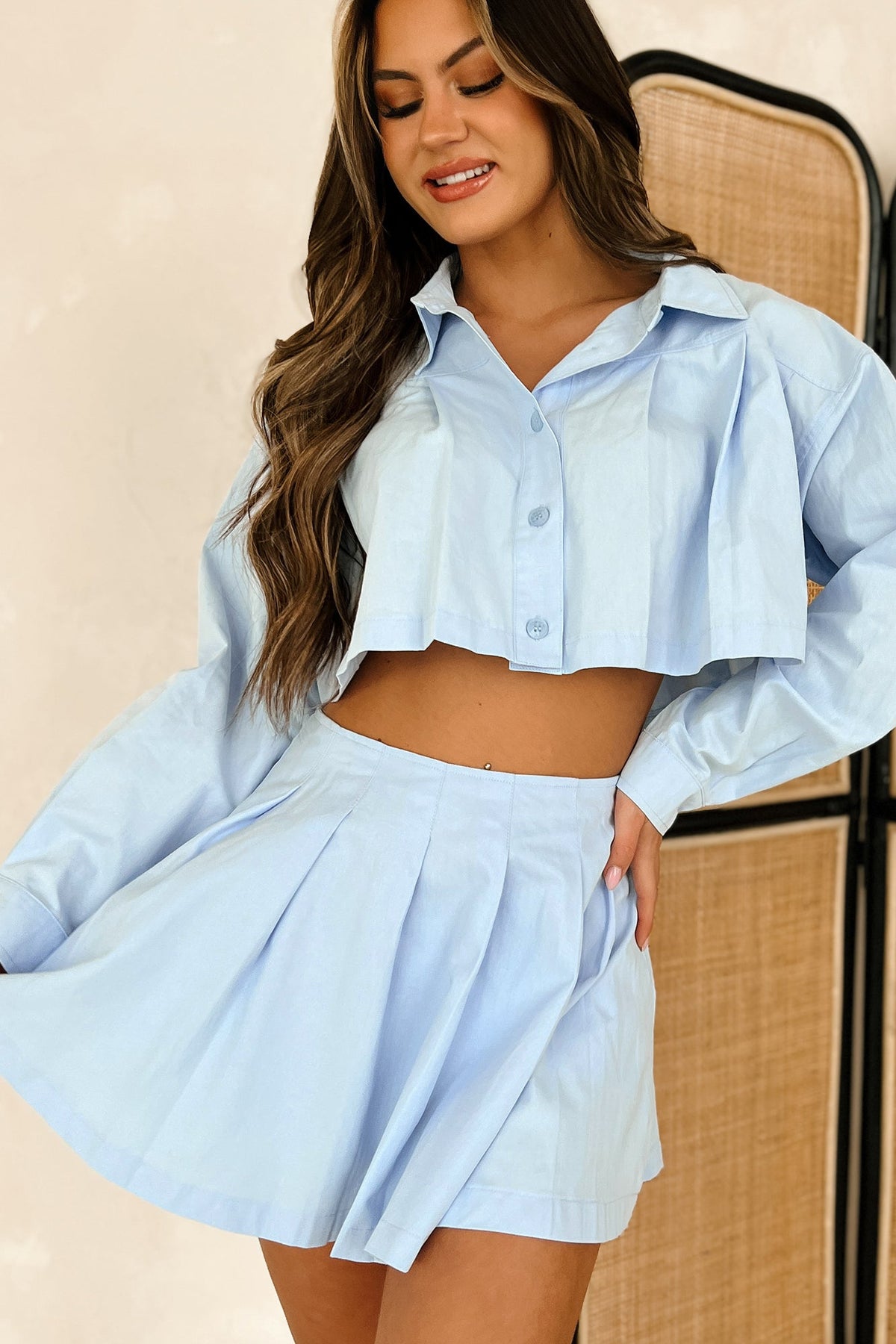 Chrishell Pleated Button-Down & Mini Skirt Set (Light Blue)
