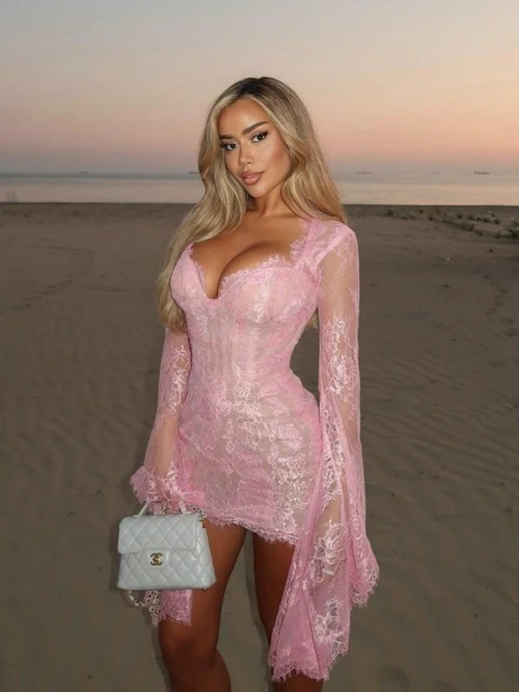 Whispers of Blush Lace Bell-Sleeve Mini Dress
